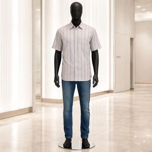 Cubavera Mens 100% Linen Short Sleeve Button Down Striped Shirt Pink Grey Medium